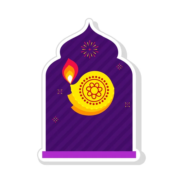 Sticker Style Burning Yellow Floral Diya Oil Lamp Purple Door — Vetor de Stock