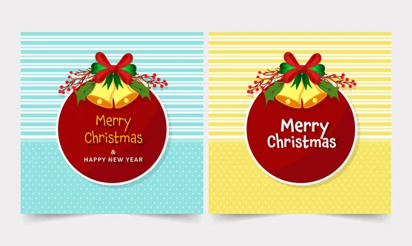 Merry Christmas Greeting Card Jingle Bell Holly Berries Background Blue — 스톡 벡터