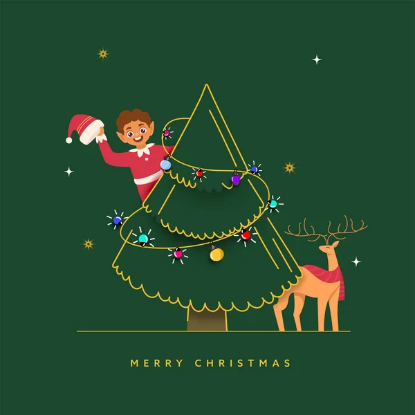 Merry Christmas Greeting Card Cheerful Boy Wearing Santa Costume Reindeer — Διανυσματικό Αρχείο