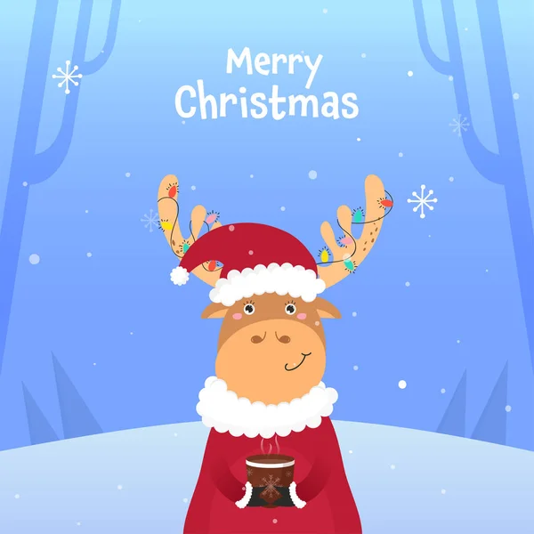 Merry Christmas Celebration Poster Design Cartoon Reindeer Wearing Santa Hat — Stockový vektor