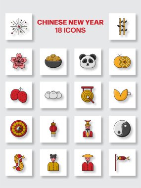 İzole edilmiş Çin Yeni Yıl Simgeleri Düz Tarzda Ayarlandı.