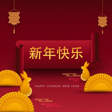 Çin 'in Yeni Yıl Mektupları: Tavşan Heykeli, Katlanmış Kağıt, Yarım Çember ve Kırmızı Çin desenli Fenerler.