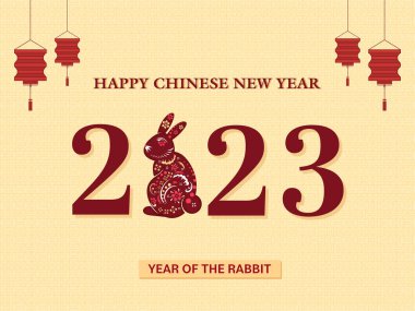 2023 Mutlu Çin Yeni Yılı Yazı Tipi Zarif Tavşan ve Sarı Arkaplanda Fenerler Asma.