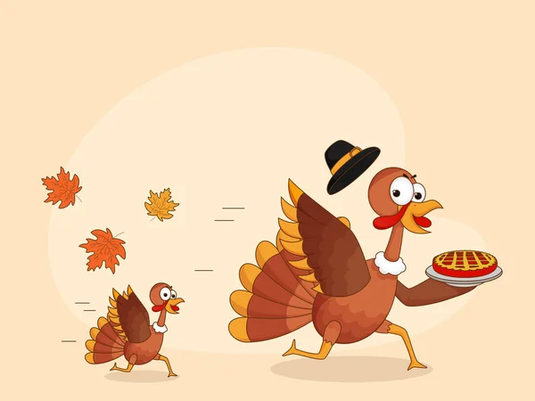 感謝祭のコンセプト パイケーキとメープルリーフで走る2つのトルコ鳥を与える — ストックベクタ