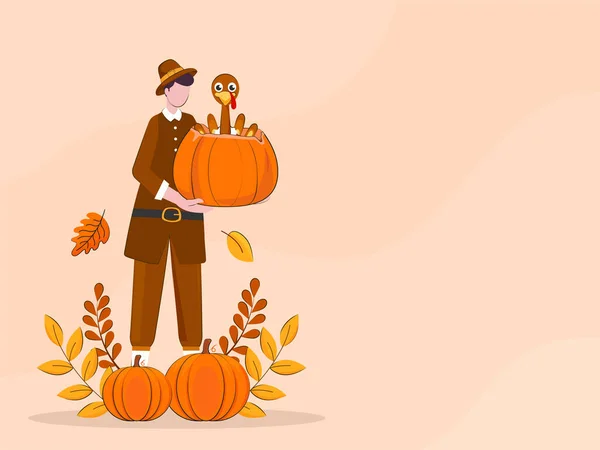 Thanks Giving Festival Concept Pelgrim Man Holding Big Pumpkin Turkey — Stockvector