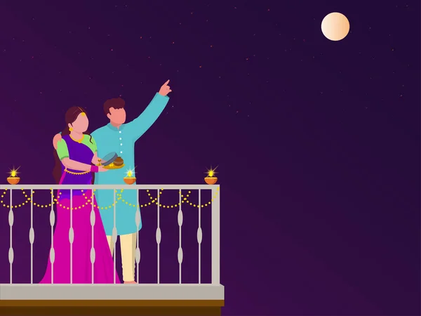 Festival Hindú Indio Karwa Chauth Concepto Con Pareja Indígena Joven — Archivo Imágenes Vectoriales