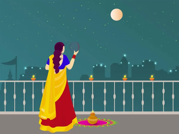 満月の夜に儀式を行う若いインド人女性とインドのヒンズー教の祭りKarwa Chauthの概念 — ストックベクタ