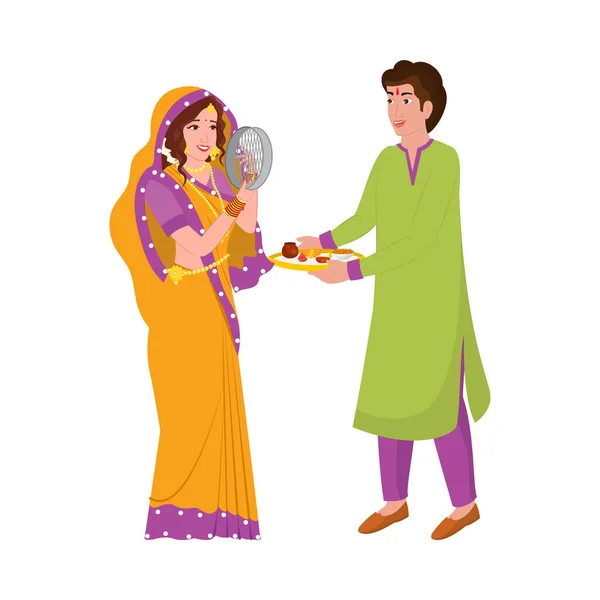 Indyjska Kobieta Realizująca Hinduski Festiwal Małżeństwa Rytuał Karwa Chauth Patrząc — Wektor stockowy