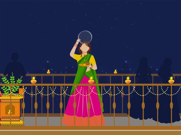 Indian Hindu Festival Karwa Chauth Concept Con Giovane Donna Che — Vettoriale Stock