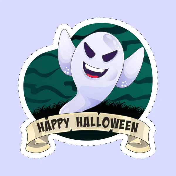 Sticker Style Happy Halloween Font Funny Ghost Green Blue Background — 스톡 벡터