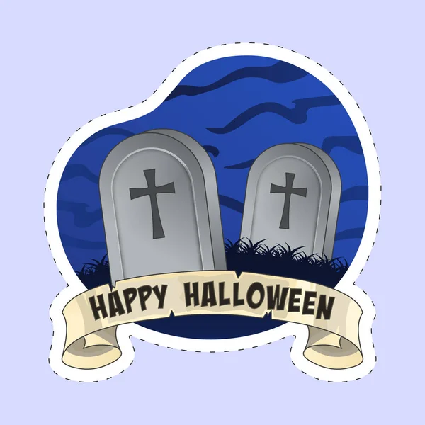 Etiqueta Estilo Feliz Halloween Fonte Com Cemitério Lápides Fundo Azul — Vetor de Stock