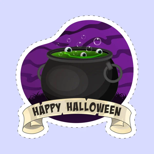 Styl Naklejki Happy Halloween Font Boiling Cauldron Pot Eye Balls — Wektor stockowy