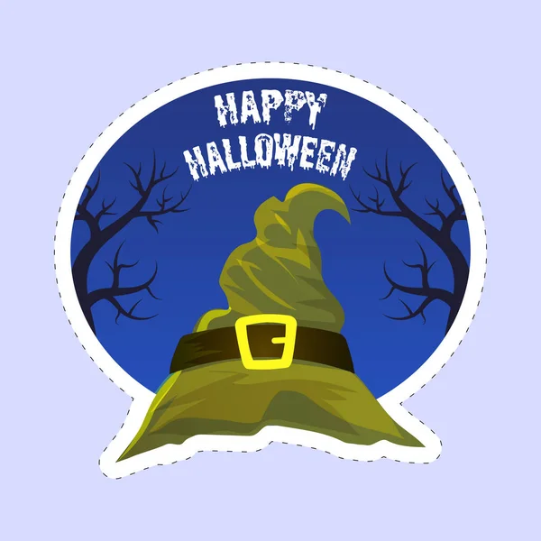 Aufkleber Stil Happy Halloween Schrift Mit Hexenhut Und Nackten Bäumen — Stockvektor