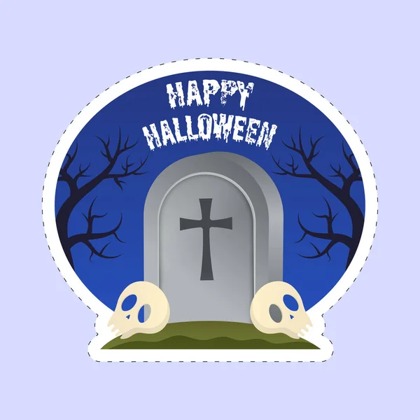 Happy Halloween Schrift Mit Grabstein Totenköpfen Und Nackten Bäumen Sticker — Stockvektor