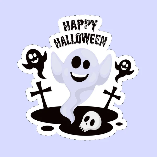 Sticker Style Happy Halloween Lettertype Met Grappige Geesten Schedel Grafstenen — Stockvector