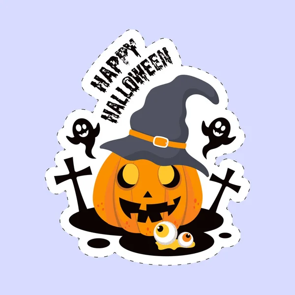 Sticker Style Happy Halloween Γραμματοσειρά Στοιχεία Φεστιβάλ Μπλε Φόντο — Διανυσματικό Αρχείο