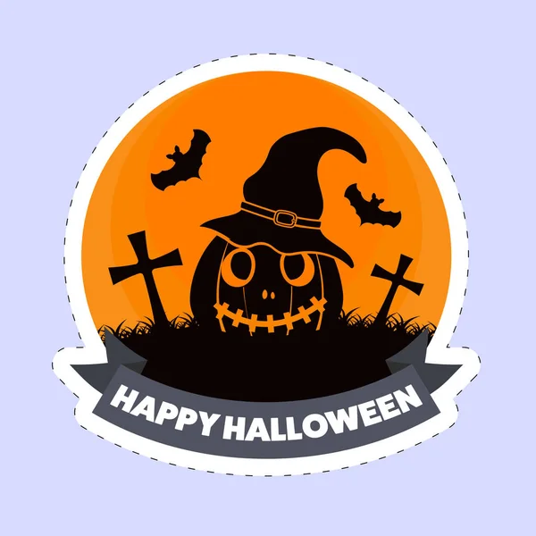 Aufkleber Stil Happy Halloween Schrift Mit Gruseligen Kürbis Trägt Hexenhut — Stockvektor