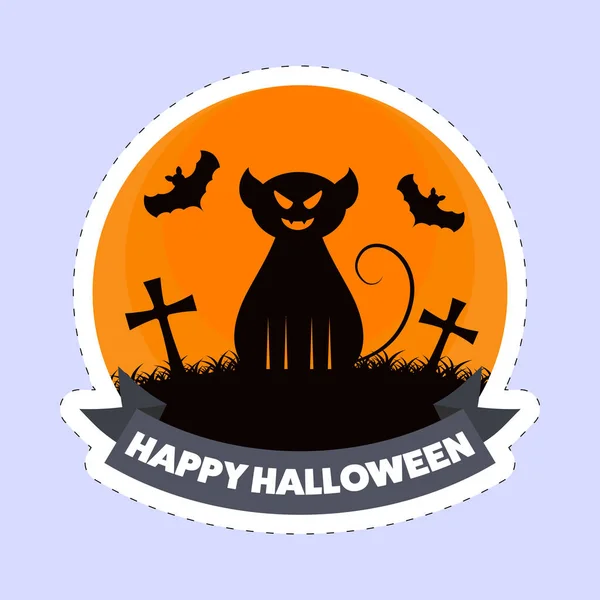 Estilo Pegatina Fuente Feliz Halloween Con Gato Asustadizo Cementerio Murciélagos — Vector de stock