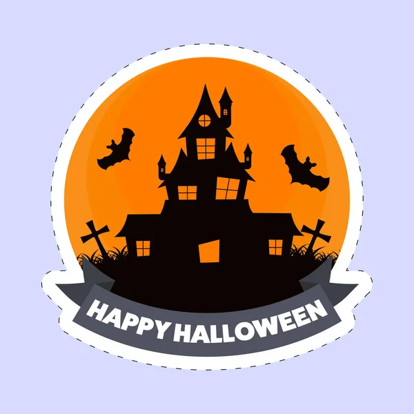 Sticker Style Happy Halloween Font Haunted House Flying Bats Cemetery — Stock Vector