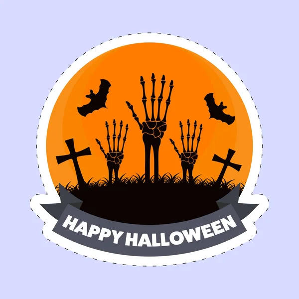 Estilo Pegatina Fuente Feliz Halloween Con Manos Anatomía Cementerio Murciélagos — Vector de stock