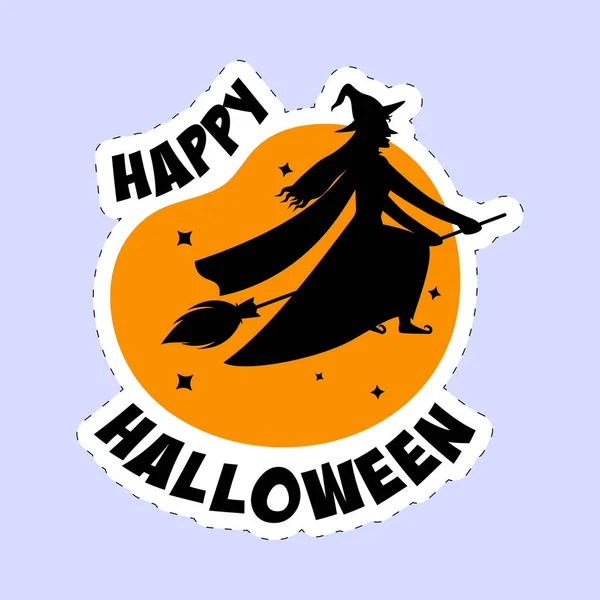 Sticker Style Happy Halloween Font Witch Flying Broom Orange Blue — 스톡 벡터