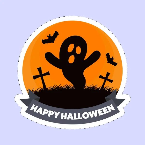 Sticker Style Happy Halloween Font Funny Ghost Tombstone Flying Bats — 스톡 벡터