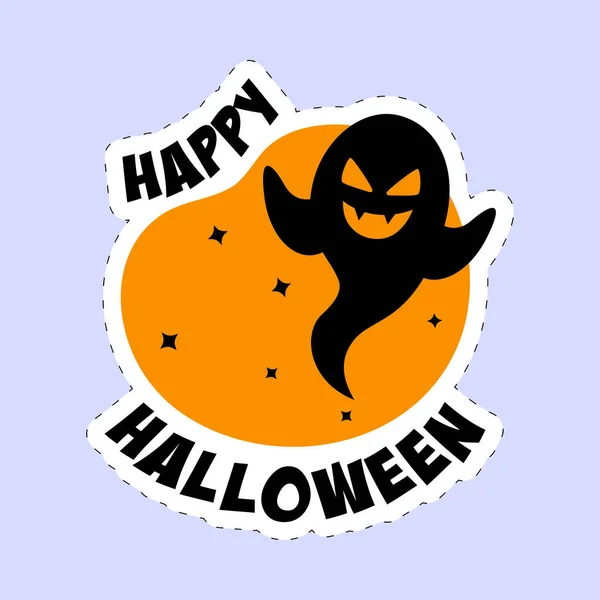 Aufkleber Stil Happy Halloween Schrift Mit Lustigem Geist Auf Orange — Stockvektor