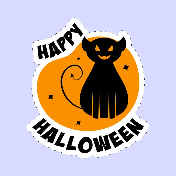 Stile Adesivo Carattere Felice Halloween Con Gatto Spaventoso Sfondo Arancione — Vettoriale Stock