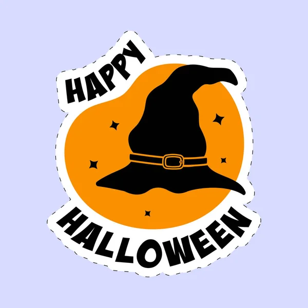 Sticker Style Ευτυχισμένο Halloween Γραμματοσειρά Καπέλο Μάγισσα Πορτοκαλί Και Μπλε — Διανυσματικό Αρχείο