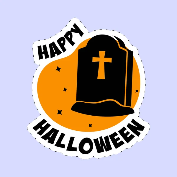 Estilo Pegatina Feliz Fuente Halloween Con Lápida Cementerio Sobre Fondo — Vector de stock
