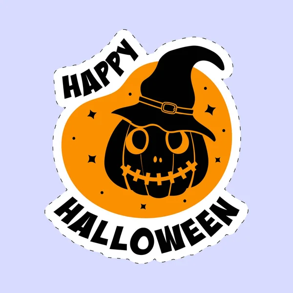 Sticker Style Happy Halloween Font Scary Pumpkin Wearing Witch Hat — 스톡 벡터