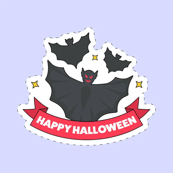 Sticker Style Happy Halloween Font Flying Bats Blue Tło — Wektor stockowy