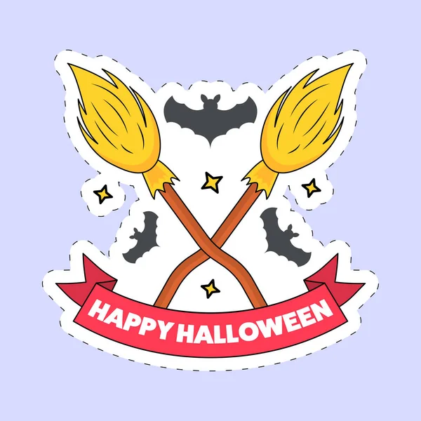 Aufkleber Stil Happy Halloween Schrift Mit Besen Und Fledermäusen Auf — Stockvektor