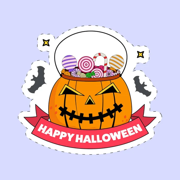 Stile Adesivo Carattere Felice Halloween Con Spaventoso Cestino Zucca Pieno — Vettoriale Stock
