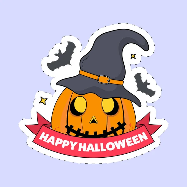 Χαρούμενη Γραμματοσειρά Halloween Τρομακτική Κολοκύθα Φορώντας Καπέλο Μάγισσας Ιπτάμενες Νυχτερίδες — Διανυσματικό Αρχείο