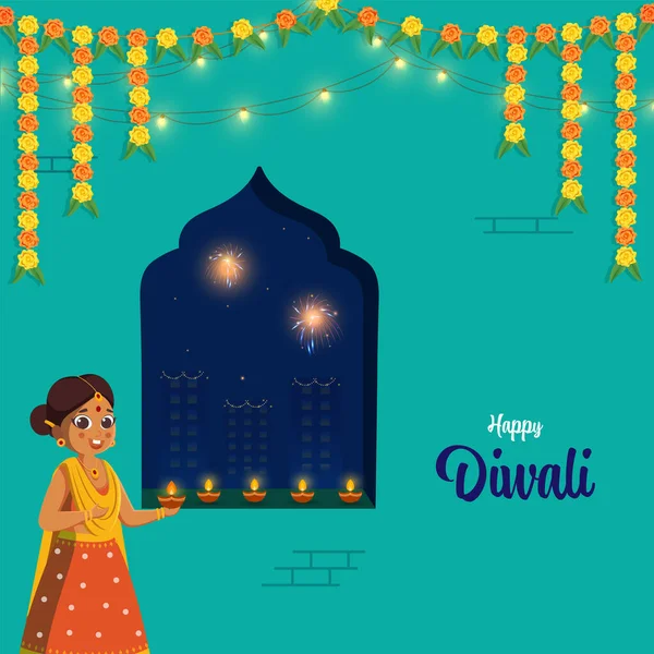 Festival Indien Lumière Joyeux Diwali Célébration Avec Jeune Fille Indienne — Image vectorielle