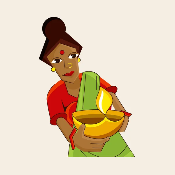 Kreskówka Indyjski Kobieta Gospodarstwa Podświetlane Olej Lampa Diya Beżowym Tle — Wektor stockowy