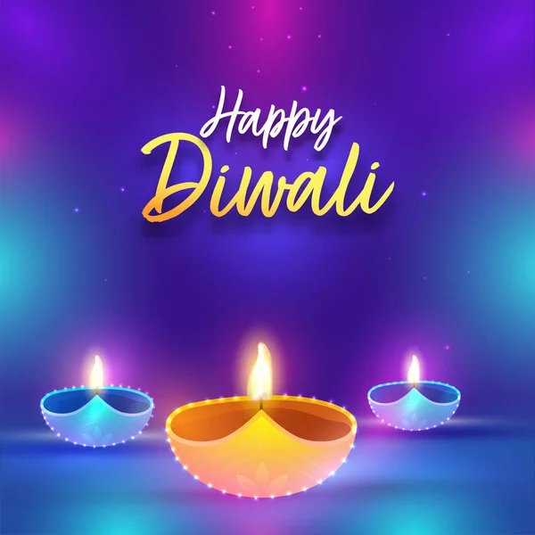 Indian Light Festival Happy Diwali Illuminated Oil Lit Lamps Shiny — стоковий вектор