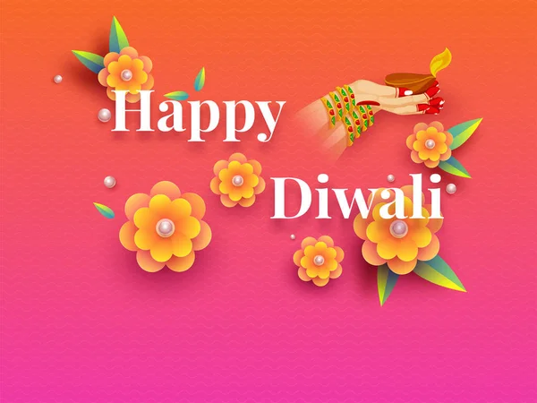 Festival Luz India Happy Diwali Con Las Manos Femeninas Sosteniendo — Vector de stock