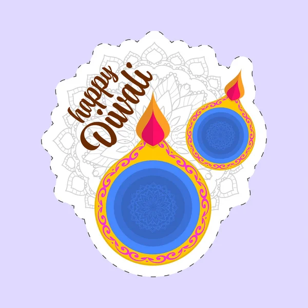 Happy Diwali Lettertype Met Uitzicht Lit Oil Lampen Diya Vuurwerk — Stockvector