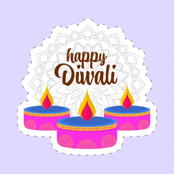 Font Happy Diwali Con Luci Candele Tealight Mandala Pattern Appiccicoso — Vettoriale Stock