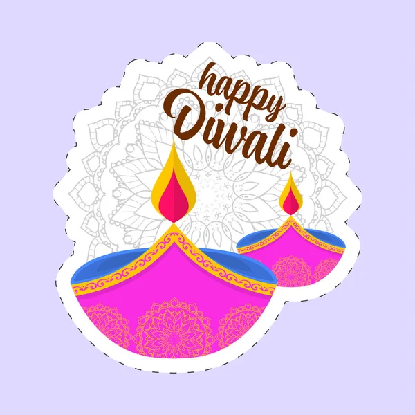 Стиль Sticker Happy Diwali Font Lit Oil Lamp Diya Mandala — стоковий вектор