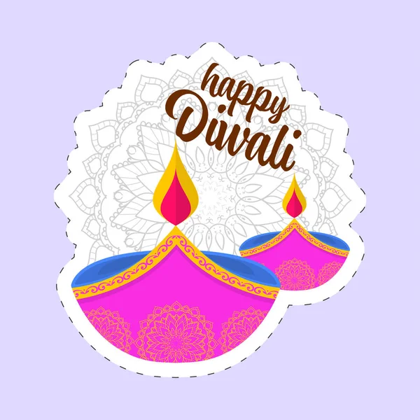 Estilo Etiqueta Engomada Diwali Feliz Fuente Con Lámpara Aceite Lit — Vector de stock