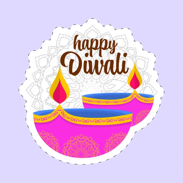 Стикер Стиль Happy Diwali Шрифт Лампой Маслом Diya Мандала Шаблон — стоковый вектор