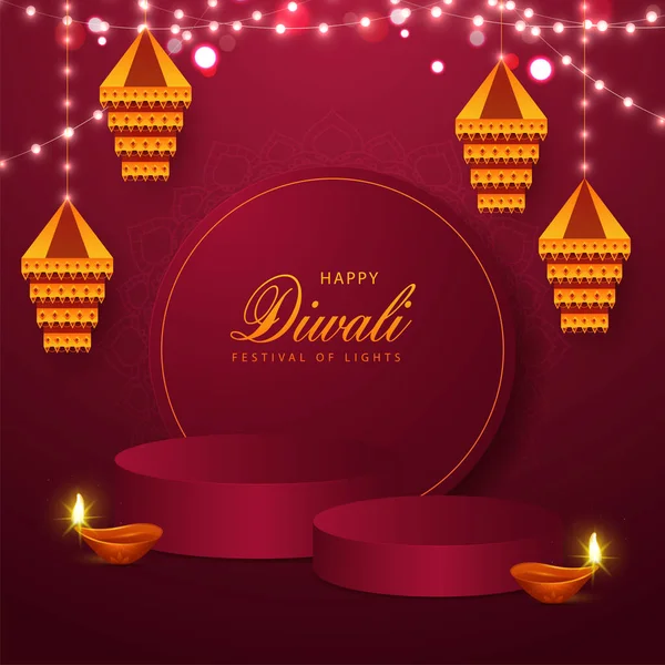 Happy Diwali Celebration Concept Podiums Realistic Lit Oil Lamps Diya — Stock Vector