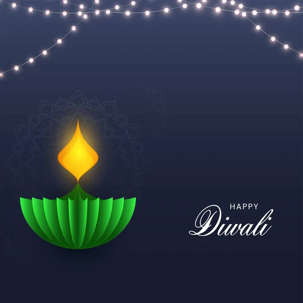 Happy Diwali Celebration Concept Paper Cut Illuminated Oil Lamp Diya — Stock Vector