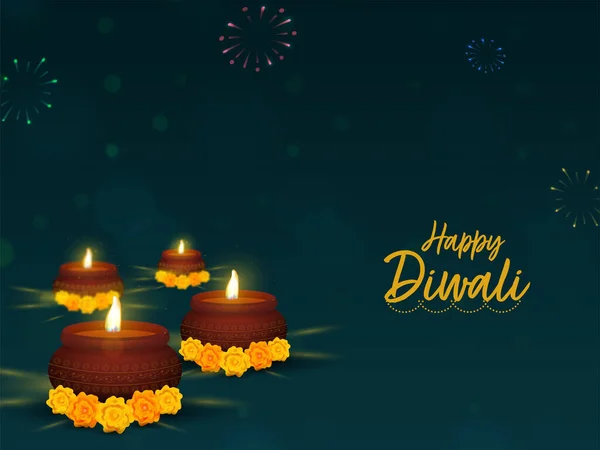 Happy Diwali Celebration Concept Realistic Lit Oil Lamps Diya Marigold — Stock Vector