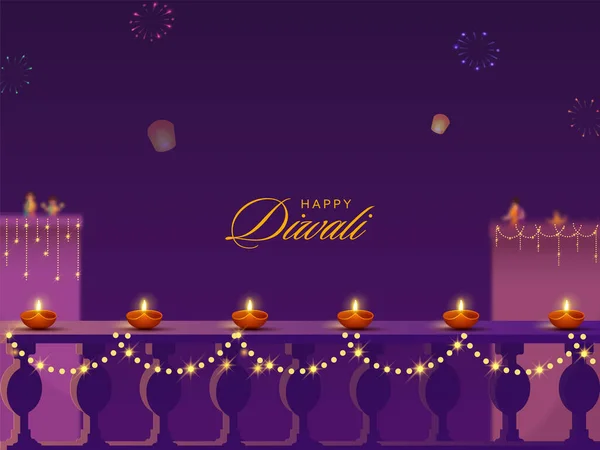 Happy Diwali Celebration Background Buildings Balcony Decorated Lit Oil Lamps — Stock Vector