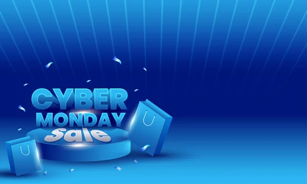 Cyber Monday Sale Banner Design Com Sacos Compras Confetti Pódio — Vetor de Stock
