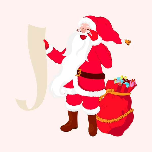 Glada Jultomten Läslista Med Röd Säck Full Presentförpackningar Vit Bakgrund — Stock vektor
